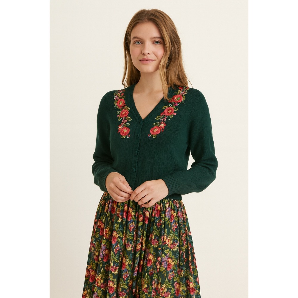 Vintage '90s Embroidered Floral Knit Cardigan Swester Skirt Set S Cottagecore